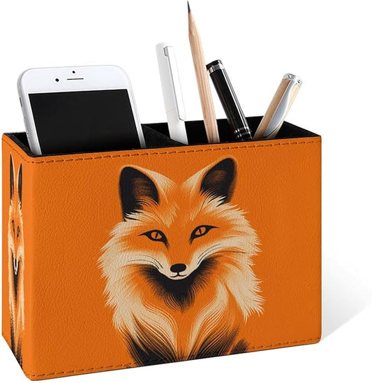 Famame Fox Orange Face Pencil Holder for Desk, Leather Desktop Container Pen Cup Storage Study Table Pen Organizer Makeup Brush Holder for Classroom Office Home