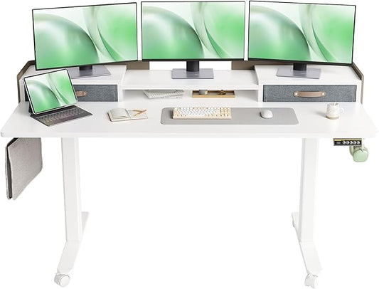 Claiks Standing Desk with Drawers, Adjustable Stand Up Electric Standing Desk Adjustable Height with Storage Shelf and Splice Board, 63 Inch, White