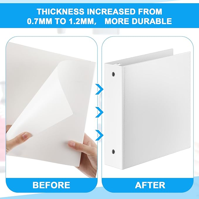 Henoyso 12 Pcs 3 Ring 1.5 Inch Binders Fits 8.5 x 11 Inch Letter Size Paper, Plastic White Flexible Binders with View Cover and 2 Pockets, 275 Sheets Capacity for Office School