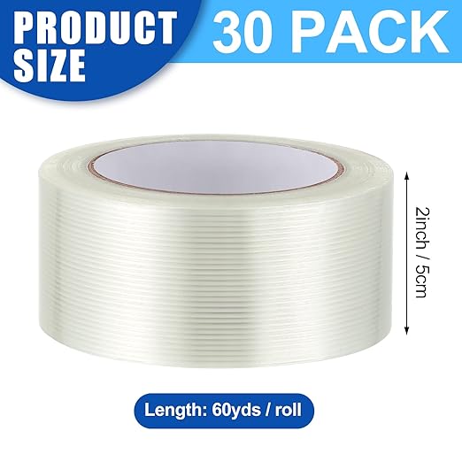 Treela 30 Rolls Strapping Tape 2 Inch X 60 Yards 5.5 Mil Fiberglass Filament Tape Transparent Reinforced Heavy Duty Packing Strips for Shipping Sealing Binding Fixing