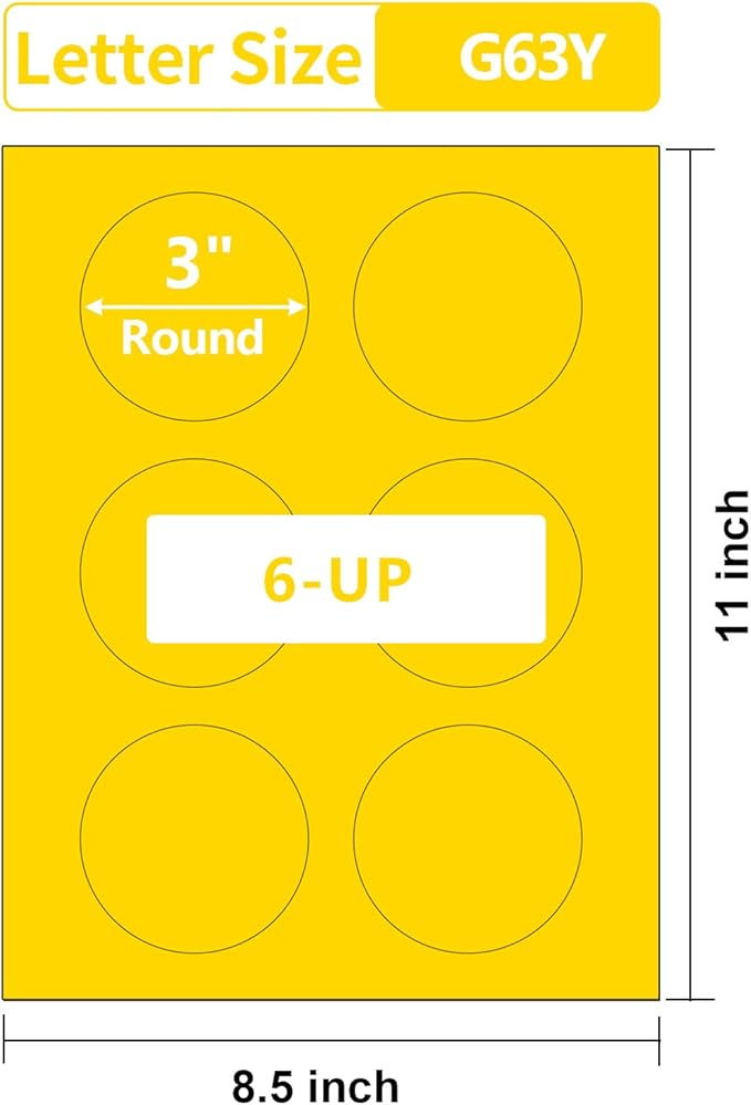 Gemsroyal 3 Inch Yellow Round Labels Printable,3" Matte Yellow Color Coding Labels for Laser/Inkjet Printers,3 Colorful Circle Stickers,180 Circle Labels in Total,Letter Size