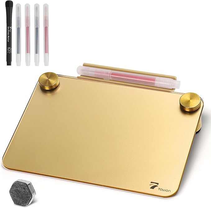 Gold Metallic Glossy Mirror Small White Board with Nail Support, Mini Desktop Glass Whiteboard, Desk White Board Dry Erase with Accessories, Stenography Artifact for Office Homeschooling Décor, 8x6''
