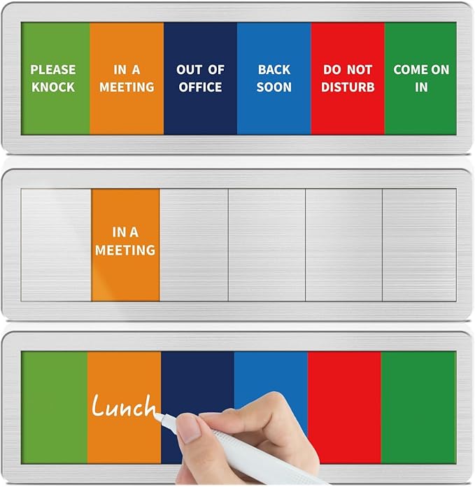 Office Door Signs with 6 Printed Status Options – Do Not Disturb, Out of Office, In a Meeting, Please Knock, Back Soon, Come on in – Includes Custom Personalized Blank Sticker for Privacy Workspace or Studio Available and Away