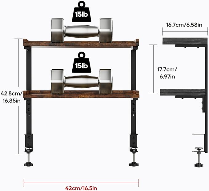 ART-GIFTREE Clamp On Desk Shelf 2-Tier, 16.5 in Wood Shelving Unit for Office Desk/Gaming Accessories, Tabletop Book Storage Rack, Shelf for Top of Desk, Brown