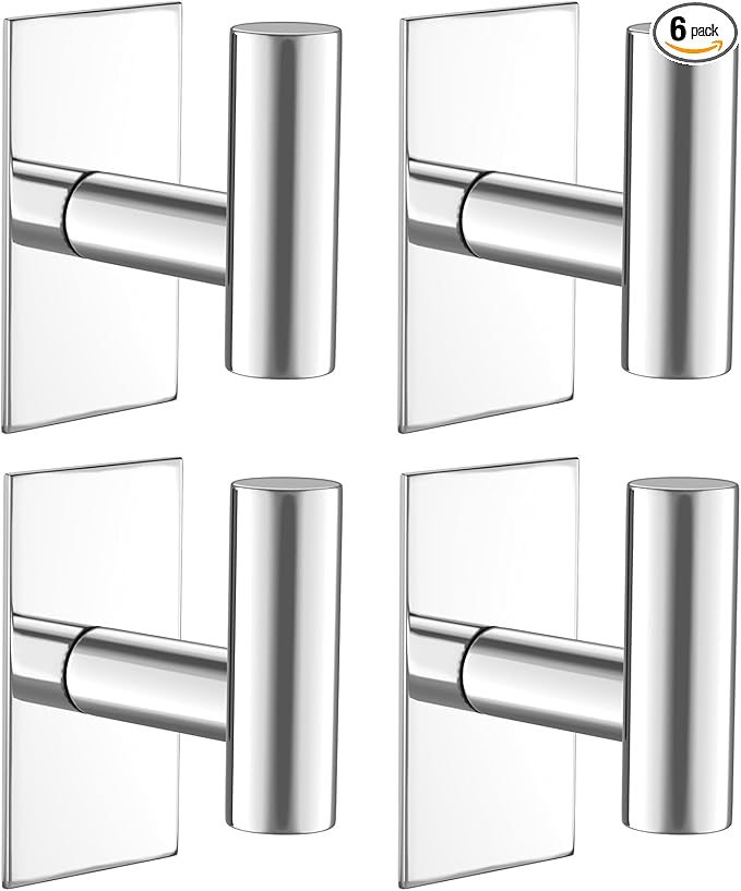 VAEHOLD Wall Towel Hooks, Heavy Duty Sticky Holder Waterproof Towel Hooks for Hanging Coat, Clothes, Closet Hook Wall Mount for Kitchen (Chrome, 4 Pack)