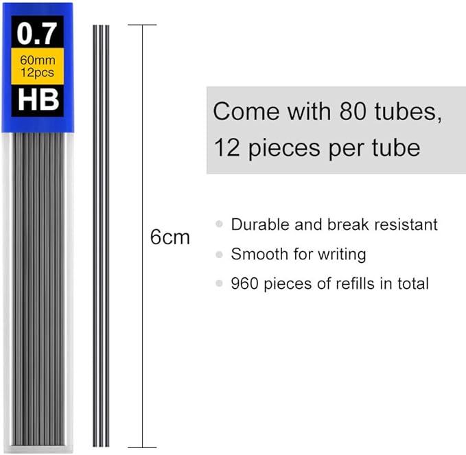 Coopay 960 Pieces Lead Refills 0.7 mm HB Break Resistant Mechanical Pencil Refills, 12 Pack Per Tube, 80 Tubes(0.7 mm)