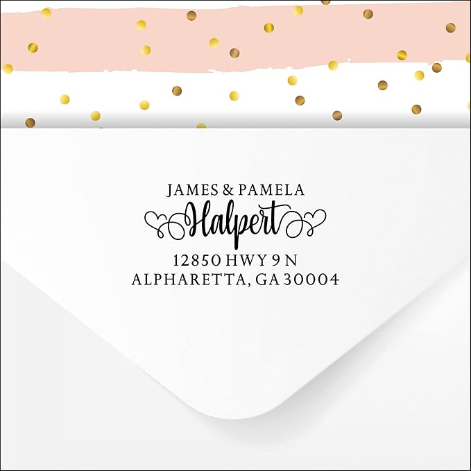PrettySweetParty Self Inking Return Address Stamp - Custom 4 Line Personalized Address Stamp for Envelopes, Wedding Invitations, Business, Mailing Labels (Halpert Heart Tails)