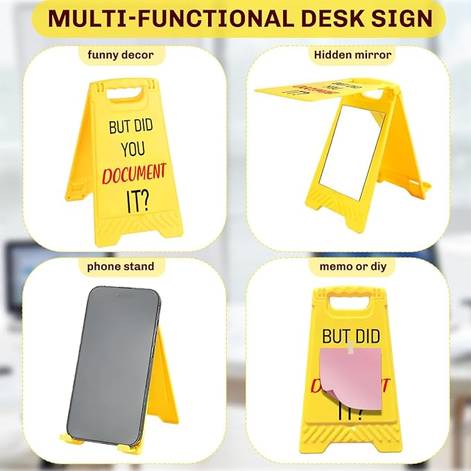 Funny Office Desk Accessories,Office Cubicle Decor,Desk Decor，Phone Holder Mirror Acrylic Table Signs，Joke Warning Team Mini Gifts for Coworker Boss Legal Advisor Designer Leader（You Document It)