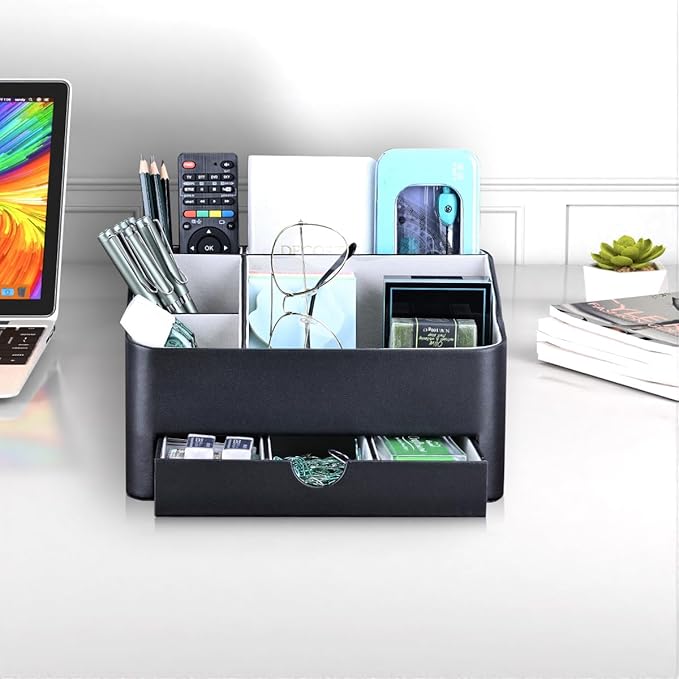 KINGFOM Desk Organizer with Drawer, Multifunction Pencil Holder for Desk, Desk Organizer and Accessories 5 Compartments for Home Office Supplies (Black)