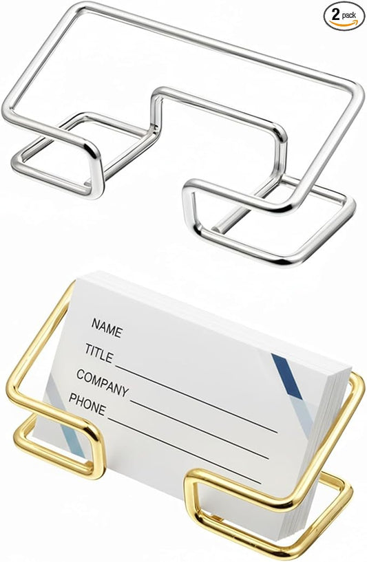 Skrfren 2Pcs Metal Business Card Holder for Desk, Elegant Gold and Silver Business Card Organizer Modern Cards Display Stand for Office Reception Event Conference Room Men Women