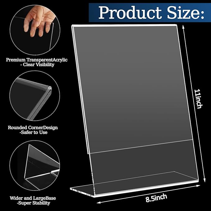 StyEdEk 6 Pack 8.5x11 Inch Acrylic Sign Holder Clear Plastic Table Paper Display Stand L-Shape Vertical Menu Holder Stand Picture Photo Flyer Display Stand for Desktop Flyers, Documents, Office, Restaurants