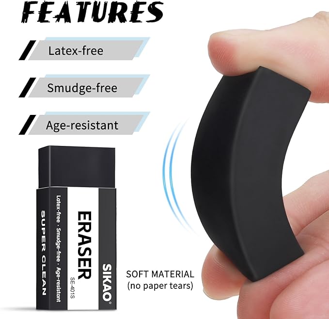 Black Erasers, 6 Pack Block Pencil Erasers – Smudge-Free Latex-Free Art Erasers for Kids & Adults Artists, Clean Erase for School, Homework, Office & Drawing