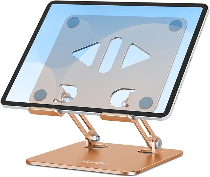 Aoviho Tablet Stand Holder for Desk Adjustable Tablet Holder, Foldable Aluminum Desktop Tablet Holder for iPad Samsung Galaxy Tabs Amazon Kindle Fire,All Tablets 4-12 inch, Gold