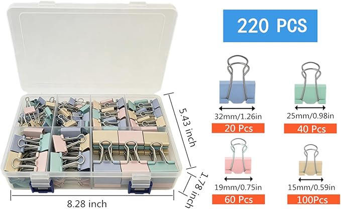 220 Pcs Colored Binder Clips Paper Clamps Assorted Sizes Large,Medium,Small,X Small for Clips Office Supplies