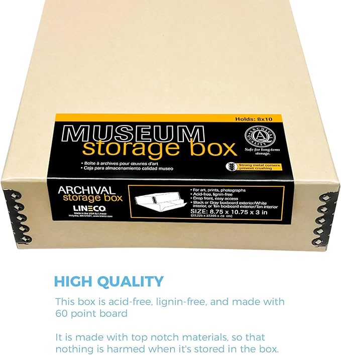 Lineco Museum Archival Storage Box, 8.75x10.75x3 in. Drop Front Design. Acid-Free with Metal Edge. Organize Photos, Pictures, Prints, Documents, Crafts, DIY. Tan, 1 Pack