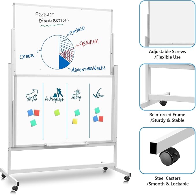 48 x 60 Inch Height Adjustable Dry Erase Whiteboard with Stand and Wheels, Mobile Dry Erase Board with Double-Sided Magnetic Whiteboard for School, Office, or Home, White