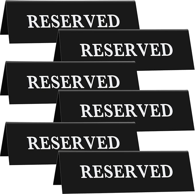 6 Pieces Plastic Reserved Table Sign Table Tent Wedding Guest Reservation Seat Sign for Restaurant Wedding Chairs(7.9 x 2.7 Inches,White Words Black Background)