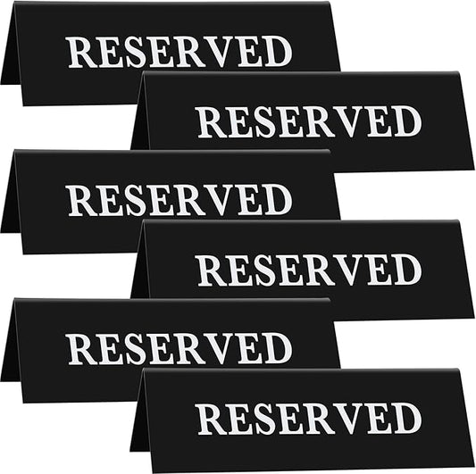 6 Pieces Plastic Reserved Table Sign Table Tent Wedding Guest Reservation Seat Sign for Restaurant Wedding Chairs(7.9 x 2.7 Inches,White Words Black Background)