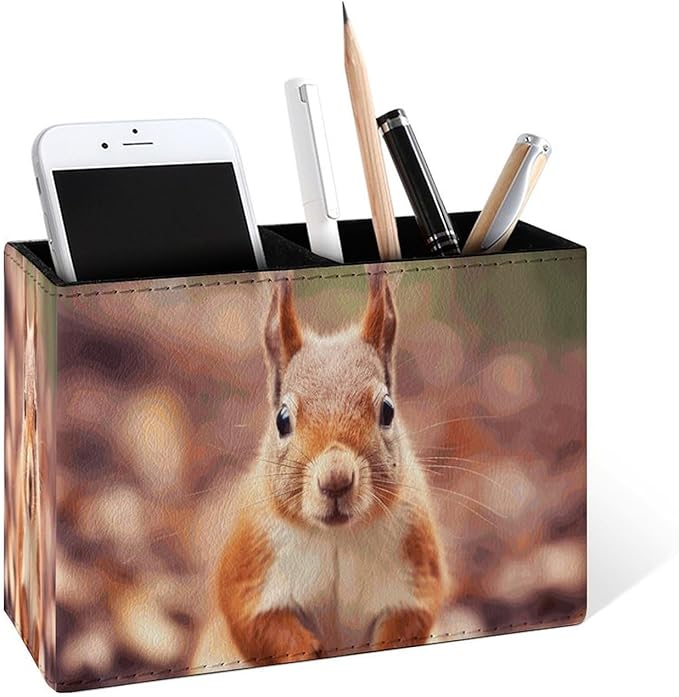 Famame Autumn Fall Squirrel Pencil Holder for Desk, Leather Desktop Container Pen Cup Storage Study Table Pen Organizer Makeup Brush Holder for Classroom Office Home