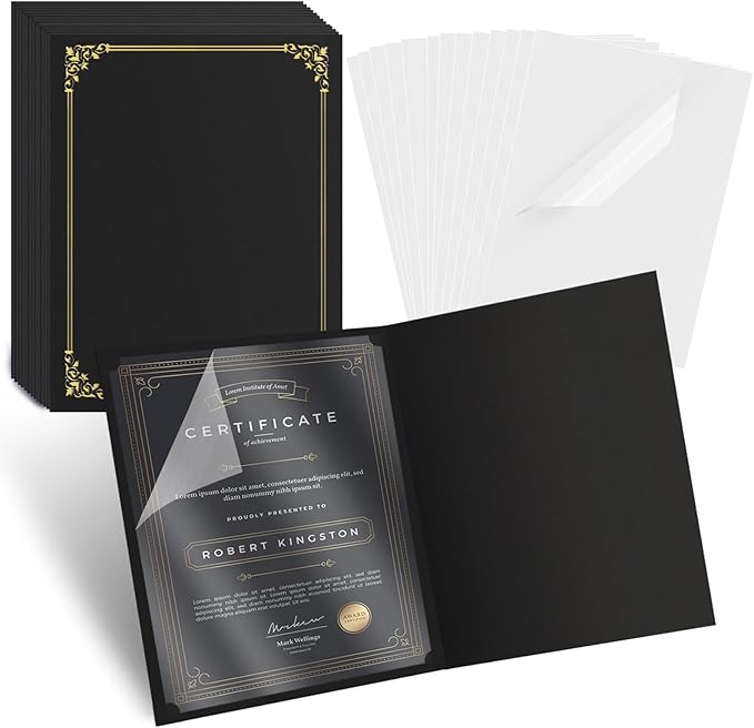30 Pcs Certificate Holders 8.5 x 11 Additional 30 Pcs Plastic Film, Diploma Covers Gold Foil Border Certificate Holder for Letter Size 8.5x11 Cardstock,Certificates,Document Papers (Black, 30 Sets)