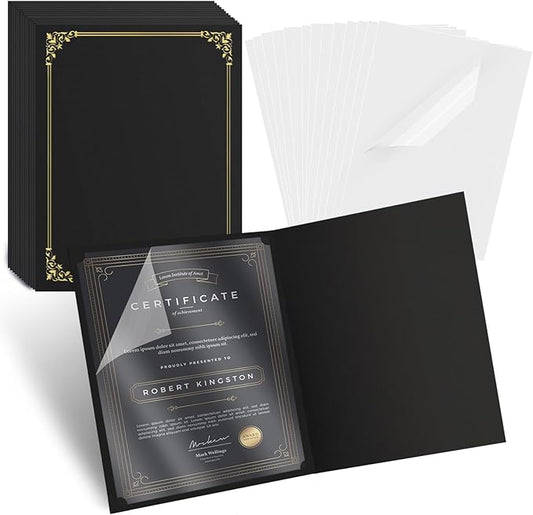 15 Pcs Certificate Holders 8.5 x 11 Additional 15 Pcs Plastic Film, Diploma Covers Gold Foil Border Certificate Holder for Letter Size 8.5x11 Cardstock,Certificates,Document Papers (Black, 15 Sets)
