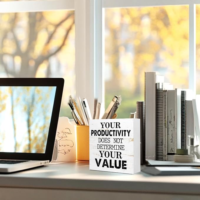 Your Productivity Does Not Determine Value Sign, Wooden Block Sign 5x5x1 INCH, Motivational Office Decor Mental Health Plaque for Desk Wall Shelf‌