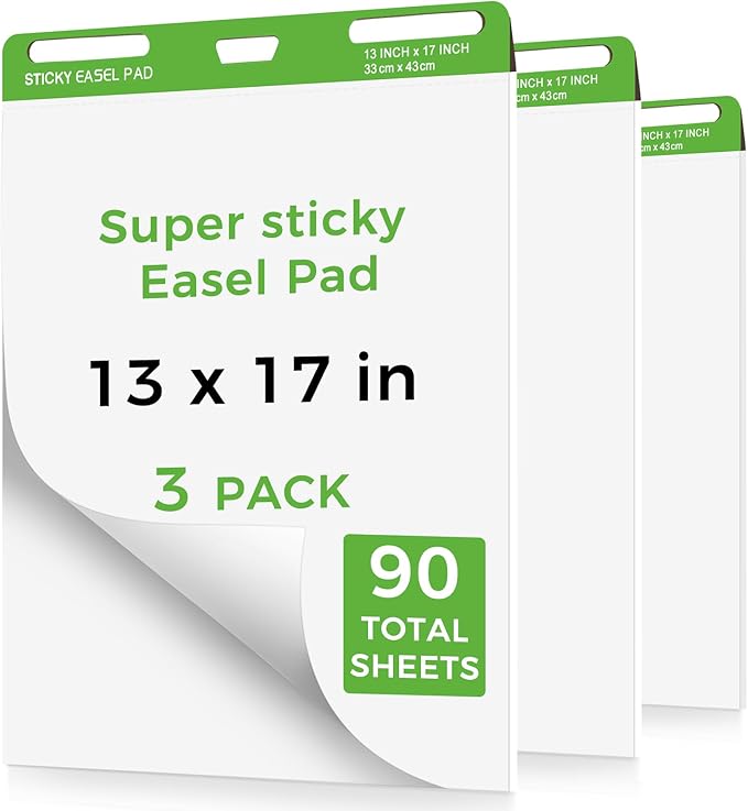 DINGIXOC Sticky Mini Easel Pads 13 x 17 Inches, 3 Pack Anchor Chart Paper for Teachers, Self Stick Flip Chart Paper with Sticky Back for Classroom, Office, 30 Sheets/Pad (White)