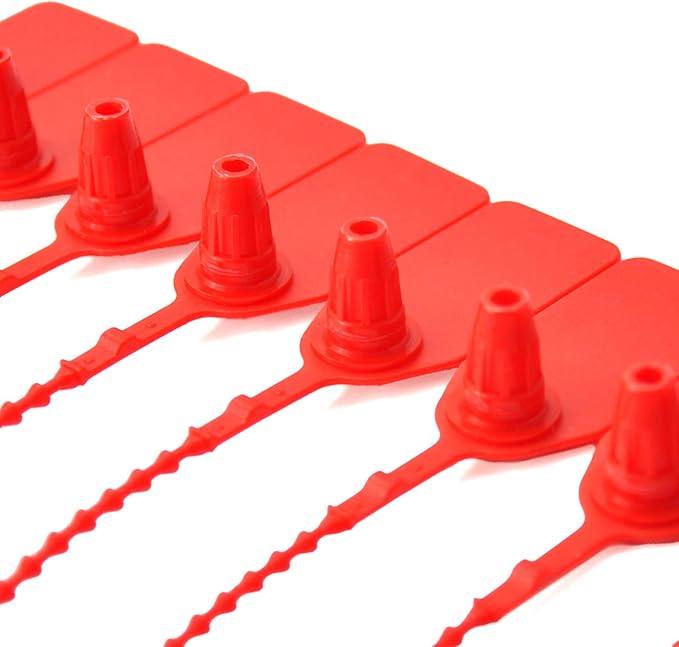 100Pcs Plastic Tamper Shipping Seals Pull-Tite Security Seal Signage Numbered Fire Extinguisher Tags Zip Ties Labels Disposable Self Locking for Logistics, Luggage,Transport (Red, 100pcs)