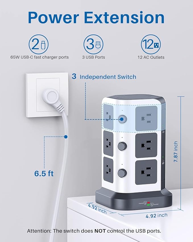KOOSLA [65W] PD Power Strip Tower Surge Protector, USB C Desktop Charging Station with 12 Widely Spaced AC Outlets / 2 USB-C / 3 USB-A Ports, 6.5ft Heavy-Duty Extension Cord for Home Office Dorm