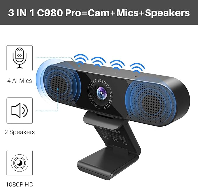 EMEET C980 PRO 3-in-1 1080P Webcam with Microphone and Speaker, 60°-98° Wide Angle Webcam w/ 4 Noise Cancel Mics, 2 Speakers, Auto Low Light Correction W/Cover, USB Camera for Online Conference/Class