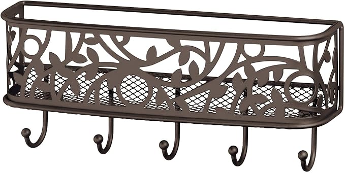 mDesign Wall Mount Metal Entryway Storage Organizer Mail Sorter Basket with 5 Hooks - Letter, Magazine, Coat, Leash and Key Holder for Entryway, Mudroom, Hallway, Kitchen, Office - Bronze