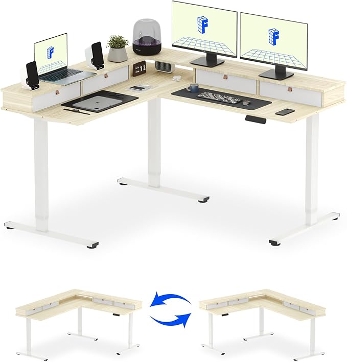 FLEXISPOT 63" L Shaped Standing Desk with Shelf Electric Corner Table, Drawers, Adjustable Computer Workstation for Home, Office, 63x55in, Light Maple Top + White Frame