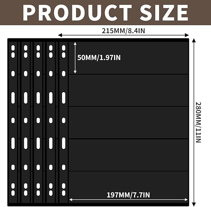 5 Sheets 10 Pages Postage Stamp Album Pages, 5 Pockets 7.7x 1.97in Stamp Collection Inserts, 9 Hole Standard Stamp Collecting Album Sleeves for Stamp Collection Binder IS010510