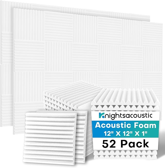 Knightsacoustic 52 Pack White Sound Proof Foam Panels for Walls, 1 X 12 X 12 Inches Acoustic Foam Panels, High Density Acoustic Panels Sound Absorbing, Noise Cancelling Studio Wedges