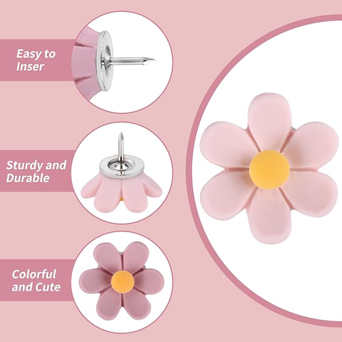 wusuowea Flower Push Pins, 30pcs Pins for Cork Board Pink Decorative Thumb Tacks Cute Fun Photo Wall, Feature Map, Bulletin Board, Office or Home