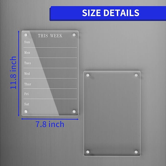 AITEE Acrylic Magnetic Weekly Meal Planner for Fridge, Clear Set of 2 Dry Erase Board Calendar and Memo for Refrigerator Reusable Week Planner, Includes 6 Dry Erase Markers With 3 Colors(8"x12"Inches)