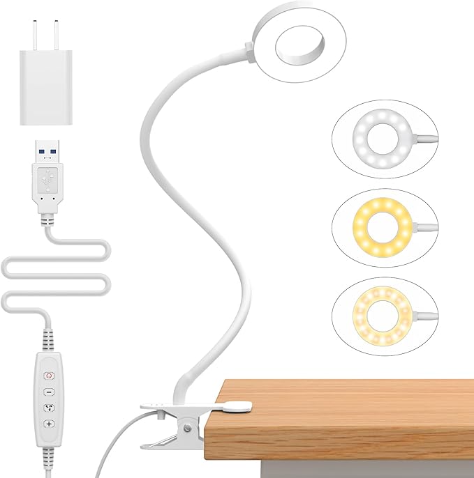 iZELL Book Light, Clip on Reading Light with Silicone Flexible Arm, Dimmable LED Lamparas Clamp on Workbench Desk for Studying Painting Crafting Drawing Makeup Nail Tech Puzzle Task - 27.6‘’ White