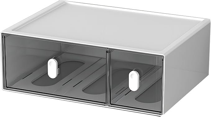 OSteed Desktop Drawers, Desk Organizer with 2 Drawers & Upright Handles, Stackable Plastic Storage Box for Home Collection, Cosmetics, Office Supplies (Tall Layer, White & Clear)