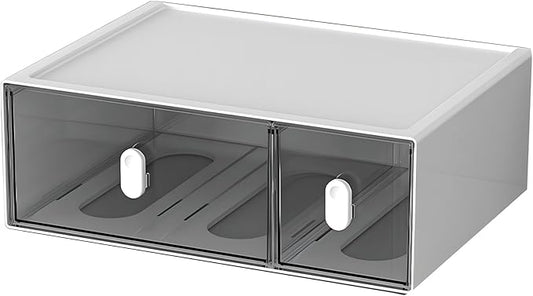 OSteed Desktop Drawers, Desk Organizer with 2 Drawers & Upright Handles, Stackable Plastic Storage Box for Home Collection, Cosmetics, Office Supplies (Tall Layer, White & Clear)