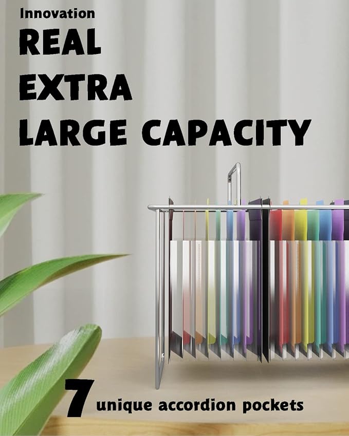 MAIMIS Plastic Expanding Hanging File Folders, 7 Pocket Extra Capacity Accordion Hang Folder, 1/5 Cut Adjustable Tabs, Multi-Color Lables, Letter Size for Filing Cabinet - 3 Pack