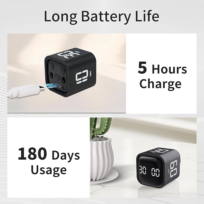 Productivity Timer Flip Gravity Sensor Cube Timer Countdown & Countup,Mute & Vibrate & Sound，5/10/30/60min & Custom Timing, Perfect for ADHD,Work,Learning,Kitchen Cooking (1Black)