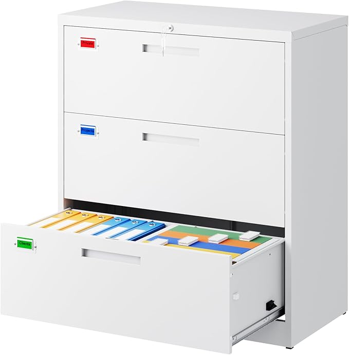 PEUKC 3 Drawer File Cabinet, Lateral Filing Cabinets for Home Office, Office Storage Drawers with Lock, Hanging Files Legal/Letter A4 Size (Assemble Required,White)