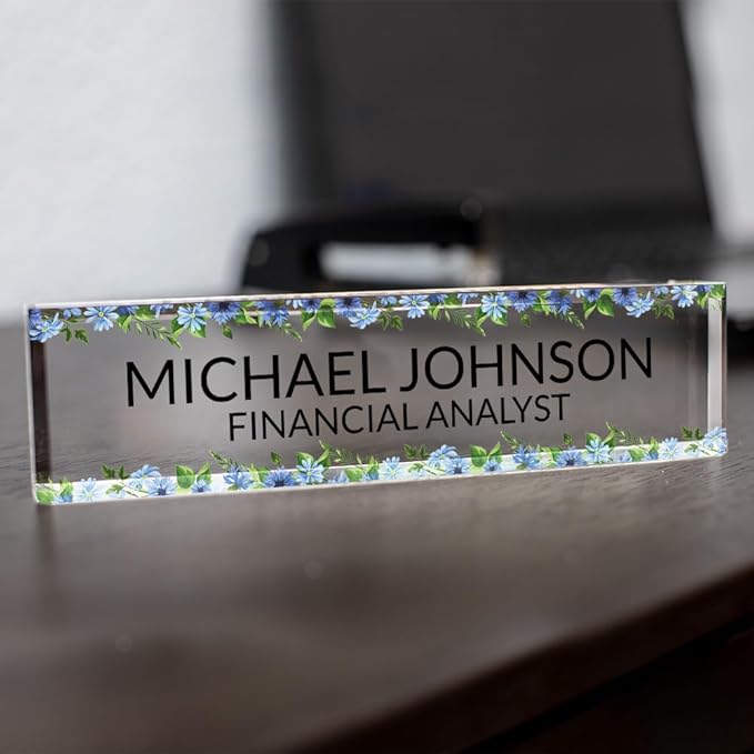 Signs ByLITA Floral Pattern Customized Nameplate | Wild Blue Personalized Full Color Acrylic Desk Sign
