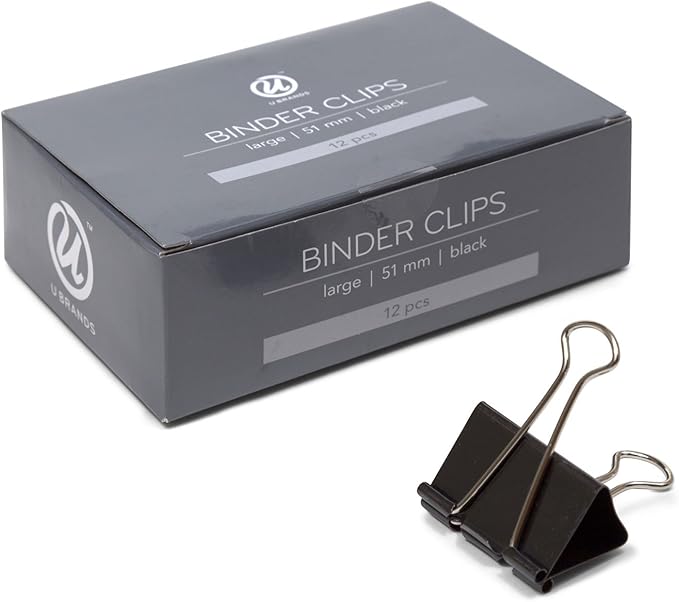 U Brands Binder Clips, Large 2-Inch Width, 1-Inch Paper Holding Capacity, Black and Silver Steel, 12-Count