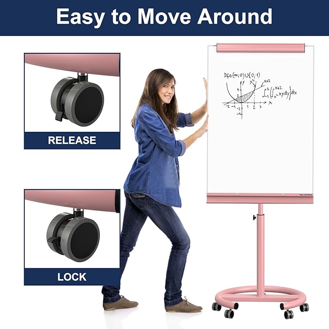 TSJ OFFICE Rolling Whiteboard Standing - 40 x 26 Inches Magnetic Mobile White Board with Stand, Height Adjustable Dry Erase Board on Wheels with Paper Clamp on Top, Pink