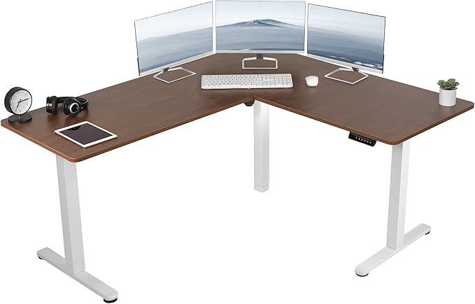 VIVO Electric Corner 63 x 55 inch L-Shaped Standing Desk, Memory Height Adjustment, Dark Walnut Top White Frame, DESK-E3CTWD