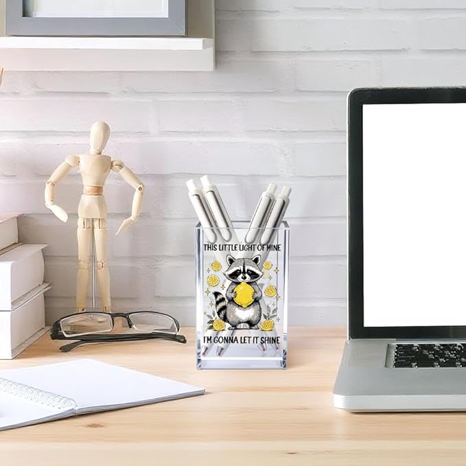 Vgrti This Little Light Of Mine I'm Gonna Let It Shine Acrylic Cosmetic Pencil Pen Holder Cup, Funny Raccoon Lemon Pen Holder Cup, Raccoon Lover Gifts, Mental Health Gifts for Women Colleague Teacher