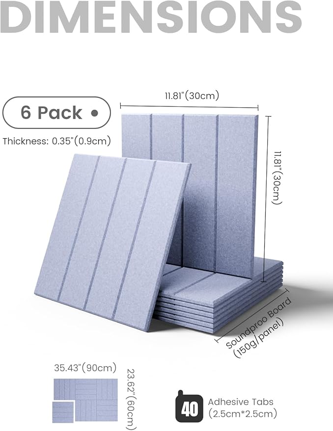Fluxynara Felt Bulletin Board Tiles Large 36" x 24" Cork Board Alternative-6 Pack with 40 Adhesive Tabs, Thick Slat Wall Panels for Office Decor, Push Pin Board Wall Organizer - Soft Periwinkle