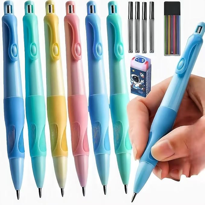 Inclock Handwriting thick mechanical pencils with grip: 2.0MM HB Pencil for kids with 14 leads (6 pack)