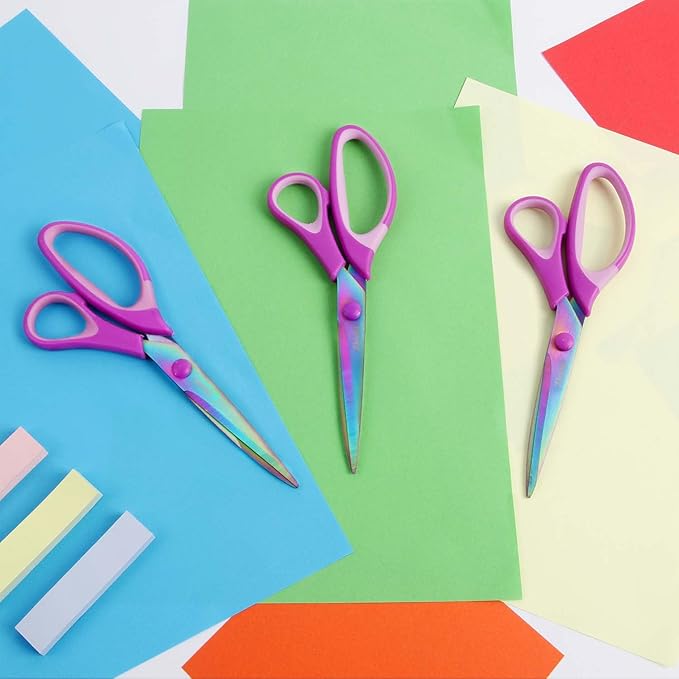 Zicolu 8.5" Scissors All Purpose, Multipurpose Office Scissors Set of 3 Pack, Titanium Coating Sharp Blade, Soft Comfort-Grip, Ideal for Fabric, School, Home, Craft & Sewing, Right/Left Handed, Purple